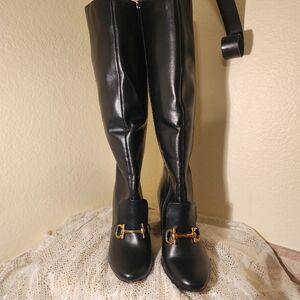 Kensie Vegan Leather Knee High Gold Horsebit Embellished Boots